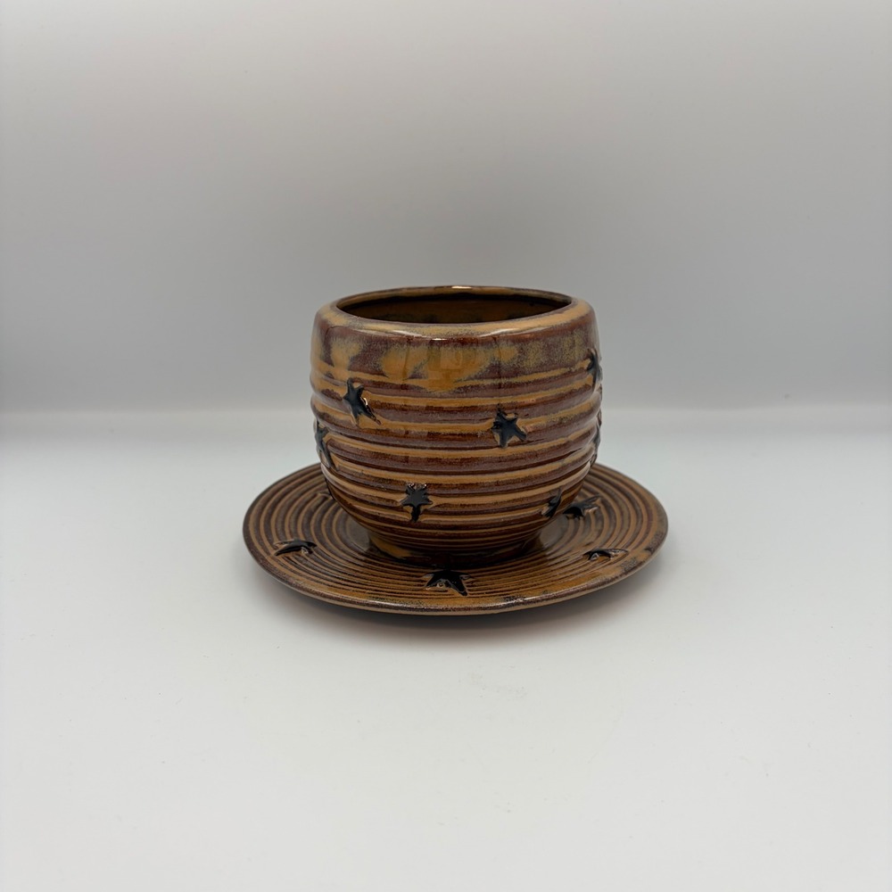 Studio Pottery Pineapple‎ and Stars Brown Stoneware Cup and Saucer Set Rustic